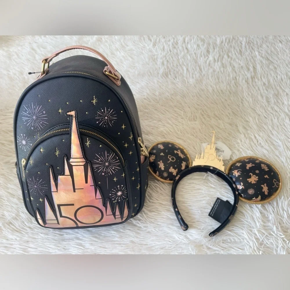 WDW 50TH ANNIVERSARY Collection Matte Black & Rose Gold Castle Mini Backpack